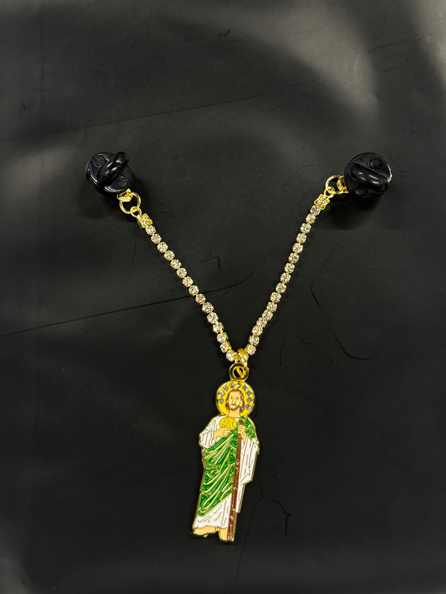 SAN JUDAS GREEN RHINESTONE PIN